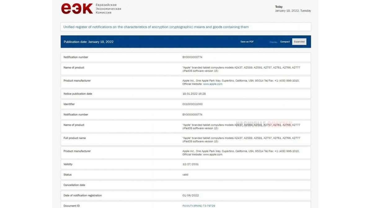 An EEC listing for unannounced iPads