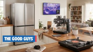 Various products in a kitchen environment with The Good Guys logo overlaid