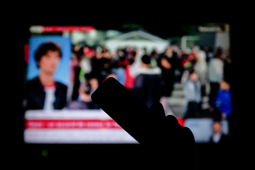 A person holds a remote control pointing towards a television screen(Photo by Anna KURTH / AFP)