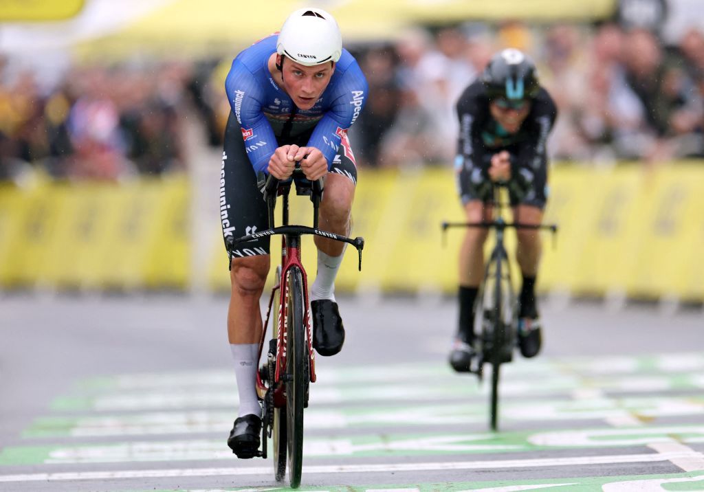 va Alpecin Deceuninck teams Dutch rider Mathieu Van Der Poel cycles to the finish line during the 1st stage of the 109th edition of the Tour de France cycling race 132 km individual time trial stage in Copenhagen in Denmark on July 1 2022 Photo by Thomas SAMSON AFP Photo by THOMAS SAMSONAFP via Getty Images