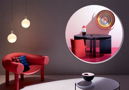 Curved red armchair & black table