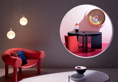 Curved red armchair &amp; black table