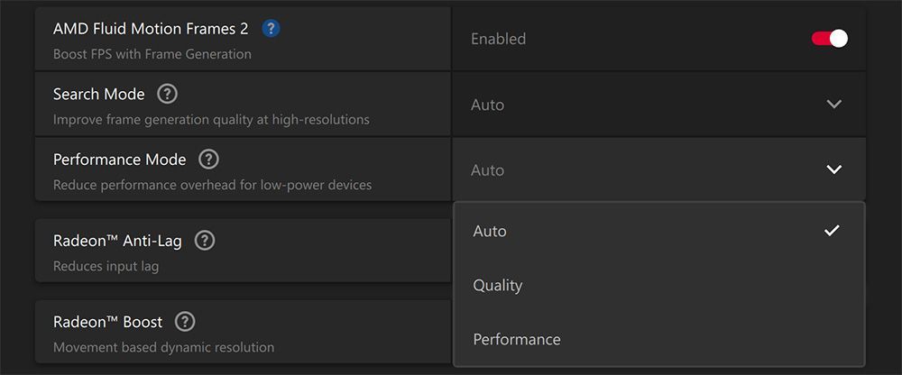 AMD promotional images for AMD Fluid Motion Frames 2, including settings options in the Adrenalin software package