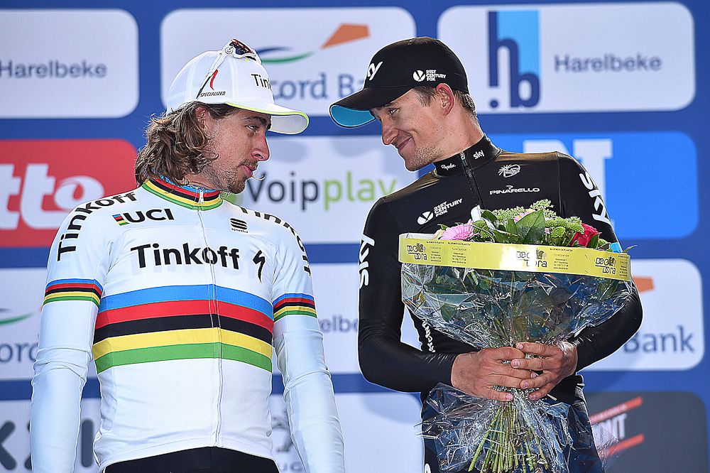 Peter Sagan and Michal Kwiatkowski exchange glances on the E3 Harelbeke podium