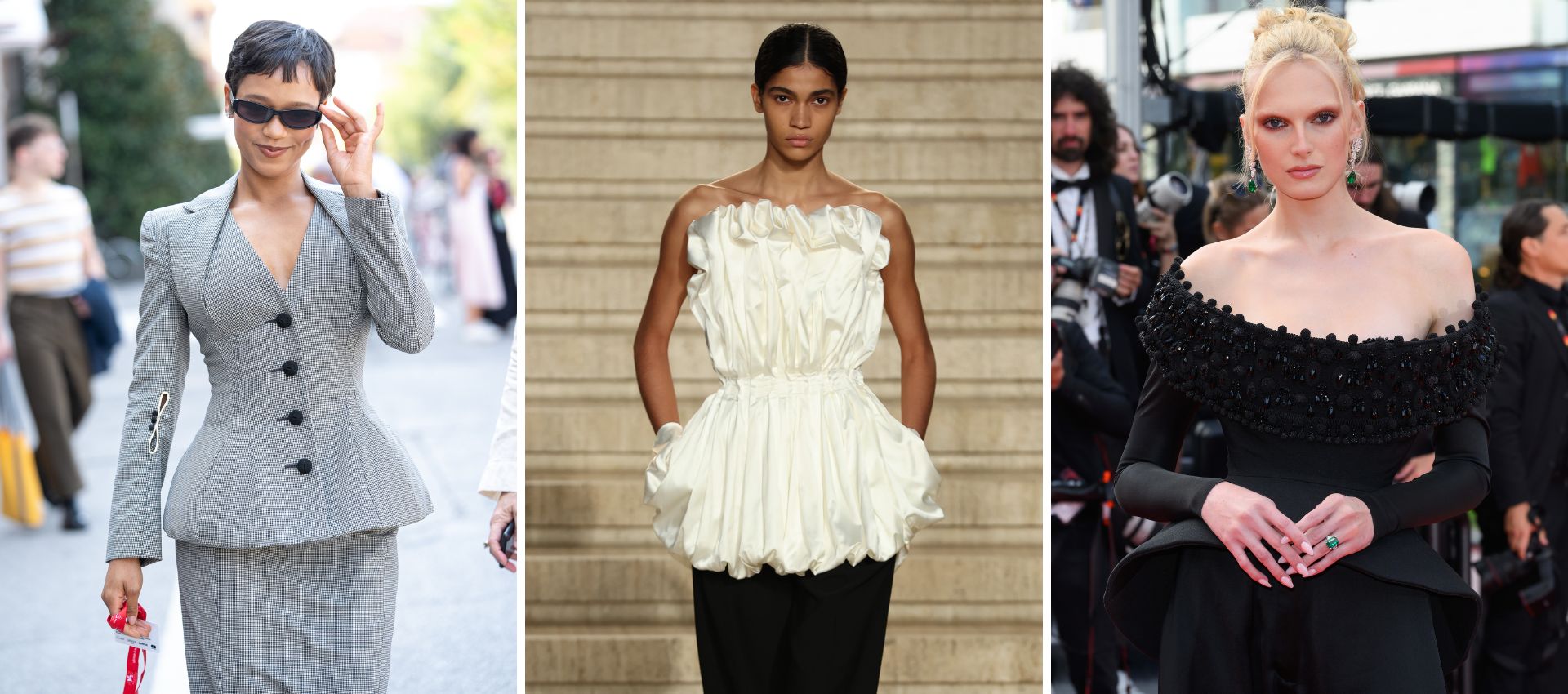 Taylor Russel, Tove AW23, Alex Consani wearing peplum tops