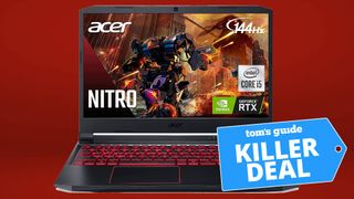 Acer Nitro 5 gaming laptop on a red background with the "Tom's Guide Killer Deal" tag overlaid
