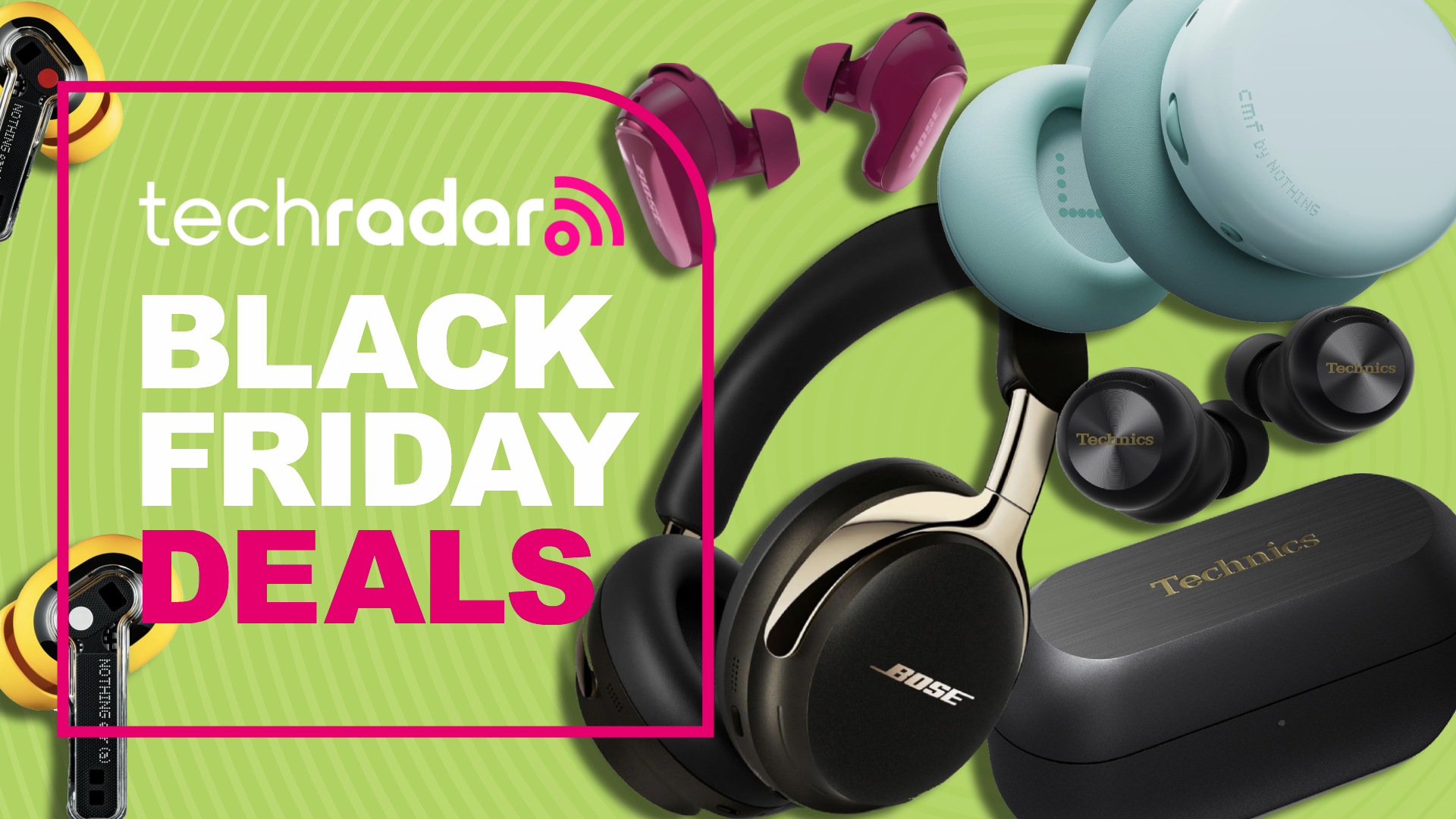 A selection of headphones and earbuds on lime green background, with TechRadar's 'Black Friday deals' banner