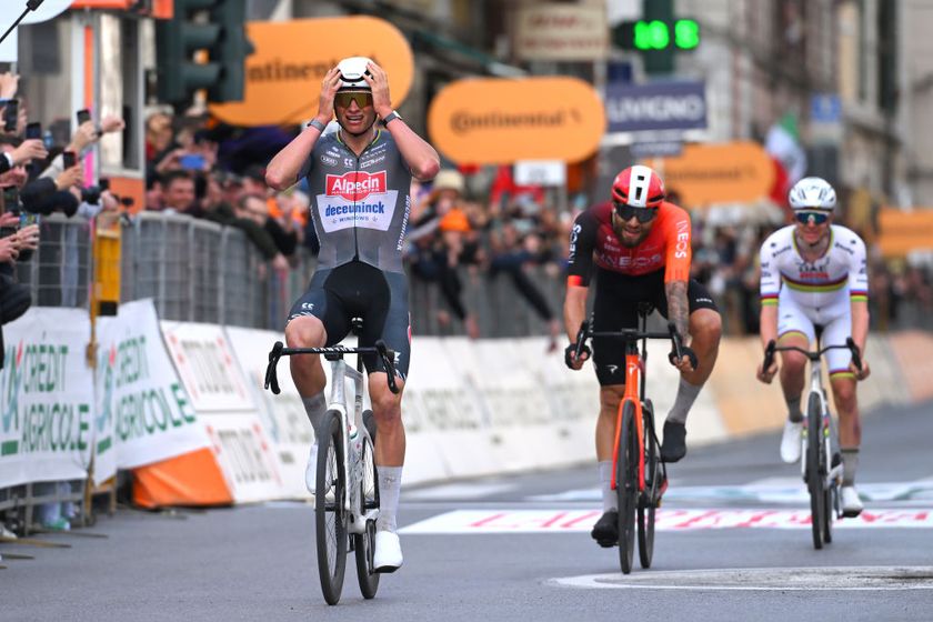 SANREMO ITALY MARCH 22 Mathieu Van Der Poel of Netherlands and Team Alpecin Deceuninck celebrates at finish line as race winner ahead of Filippo Ganna of Italy and Team INEOS Grenadiers and Tadej Pogacar of Slovenia and Team UAE Team Emirates during the 116th MilanoSanremo 2025 a 289km one day race from Pavia to Sanremo UCIWT on March 22 2025 in Sanremo Italy Photo by Tim de WaeleGetty Images