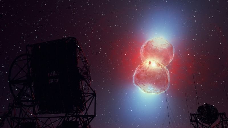 An artist&#039;s impression of a nova being observed by the HESS telescope (in the foreground).