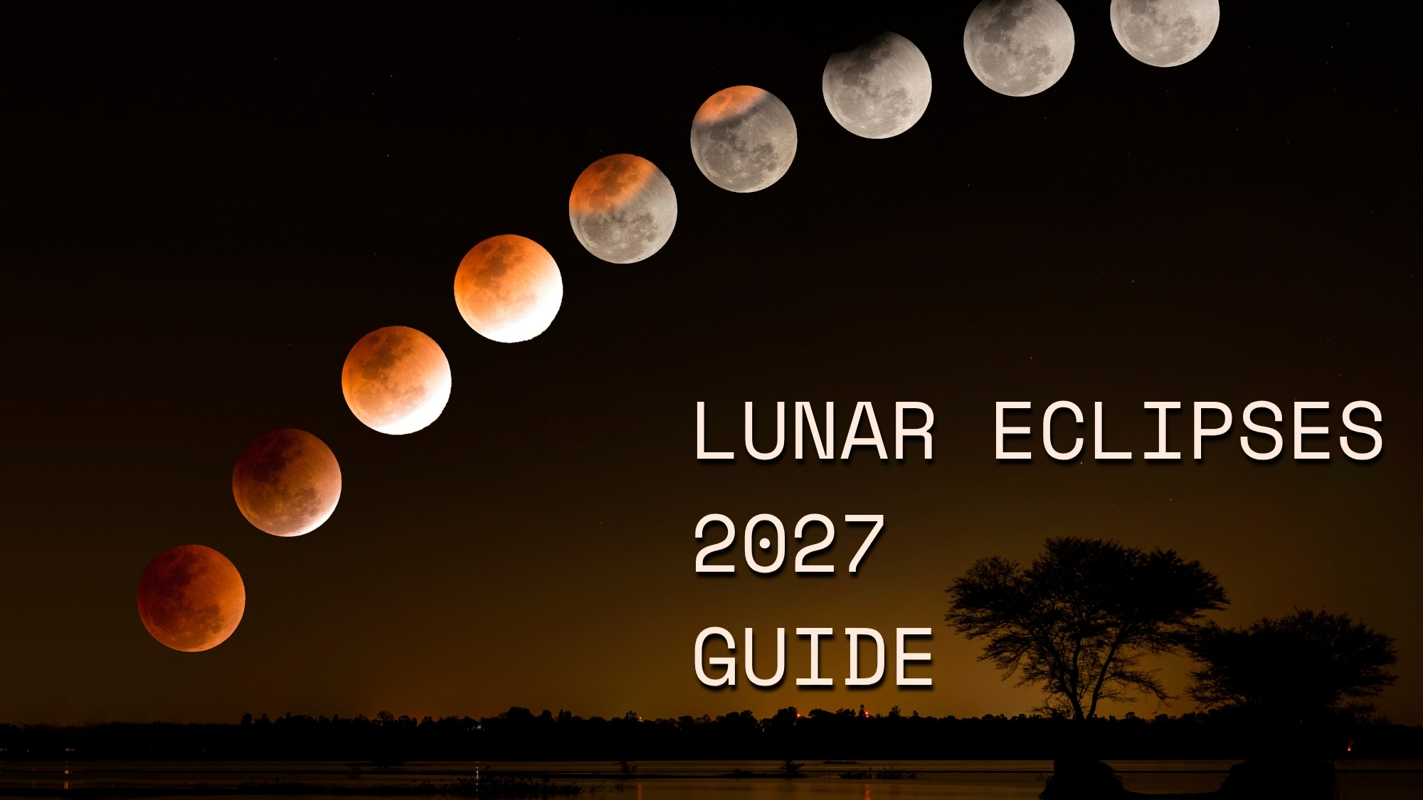 a lunar eclipse composite image showing stages of the eclipse. the text lunar eclipses 2027 guide is written in large letters in the lower right of the image.