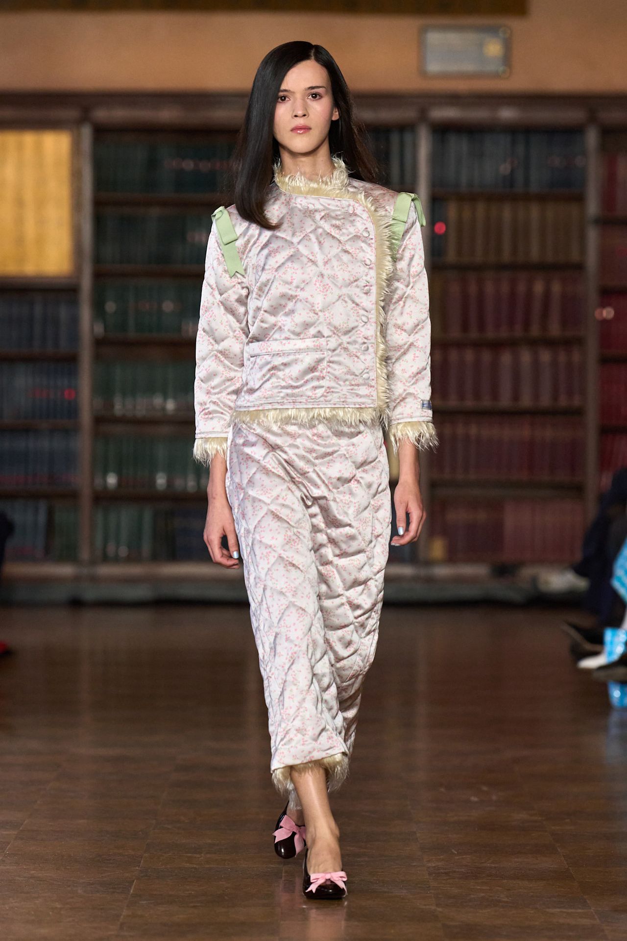 models walk the Sandy Liang Fall 2026 fashion show runway wearing slipper shoes