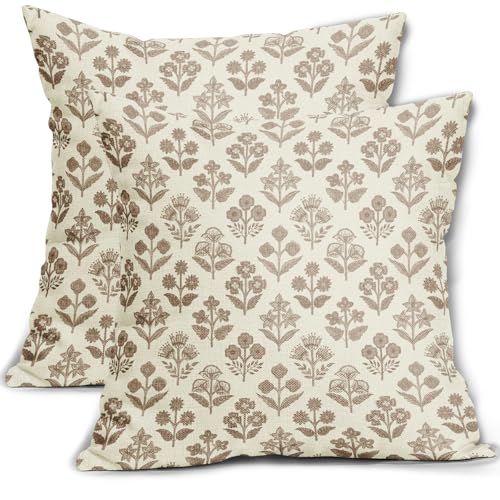 Sivirary Brown Floral Pillow Covers 18x18 Inch Set of 2, Vintage Flower Block Print Pattern Decorative Throw Pillowcases Outdoor Farmhouse Cushion Covers Spring Summer Rustic Sofa Couch Bed Decor