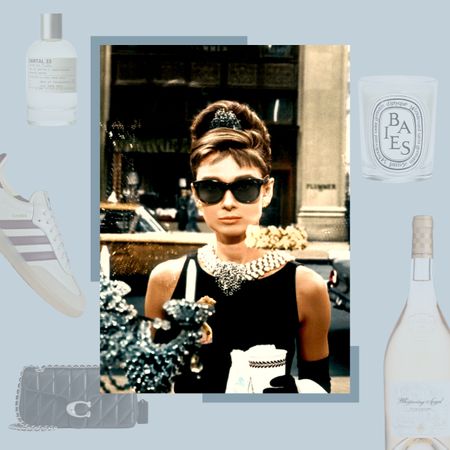 image of Audrey Hepburn in Breakfast at Tiffany's with gift guide products around it