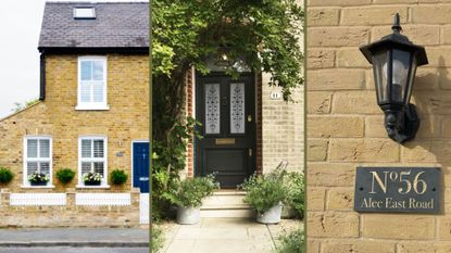 compilation image of three house exteriors to suggest ideas of how to make your house look expensive from the outside using paint, window film, plants and bespoke house signs