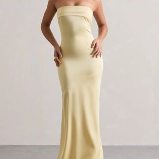 Colada Lemon Satin Pleated Bandeau Maxi Dress