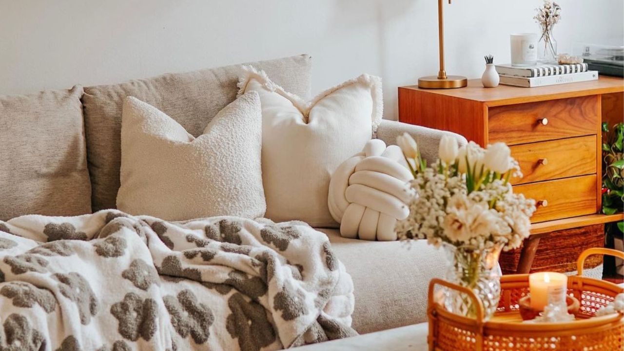 A gray couch with a knot cushion and blanket on it