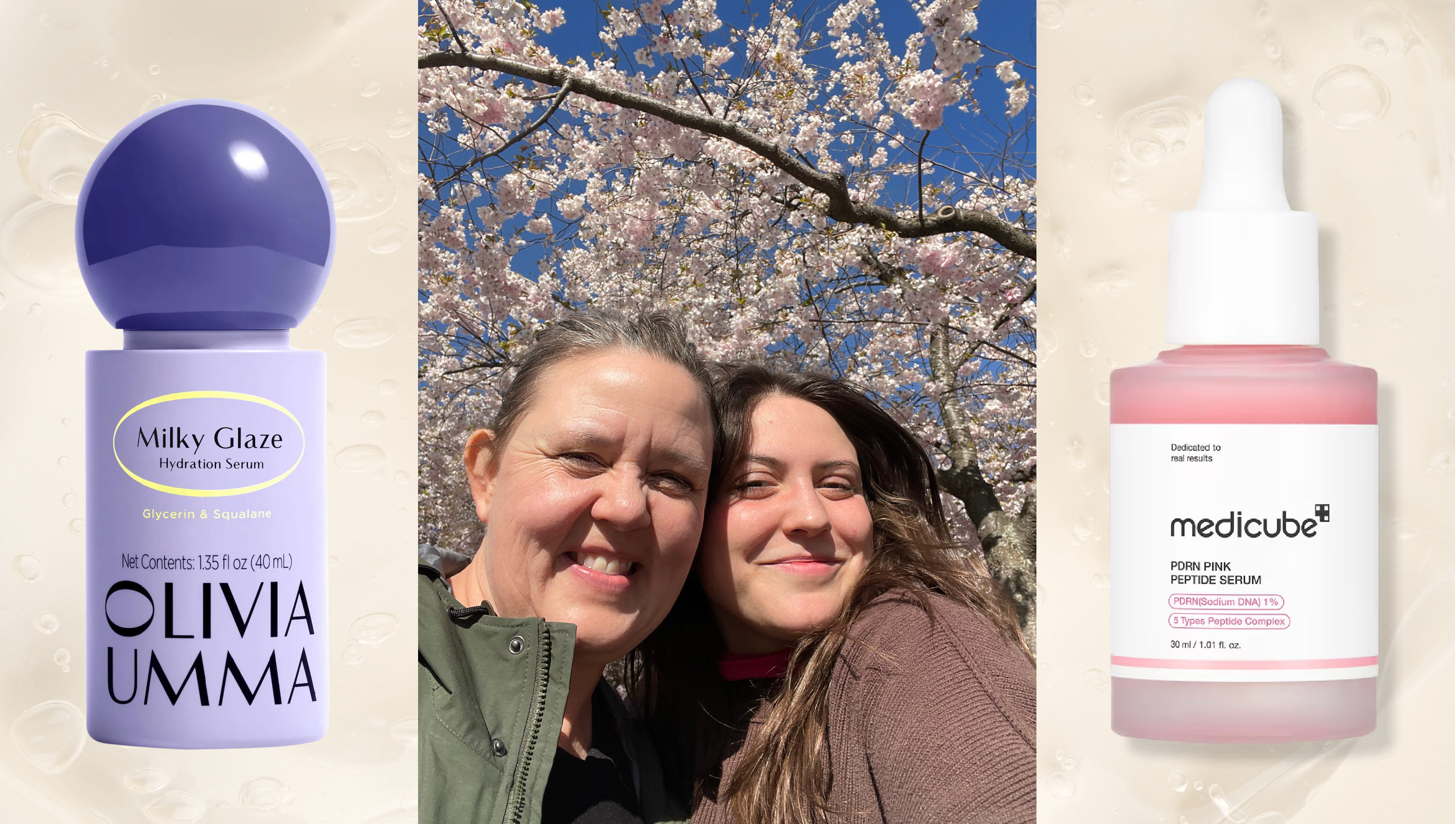 two bottles of serum on a cream background next to a photo of two white women, one older, one younger, in front of a blooming cherry blossom tree