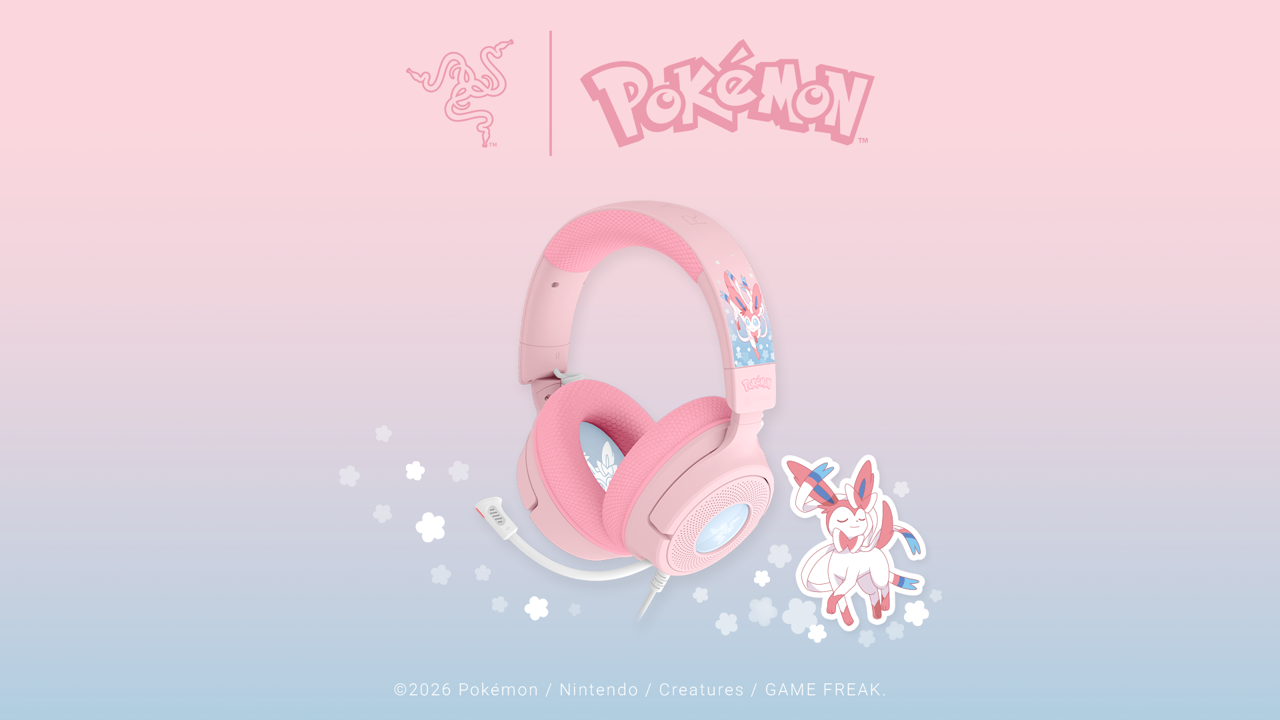 Pastel pink Razer Kraken V4 X Sylveon Edition wired headset with a white microphone, featuring Sylveon headband graphics and a Sylveon character illustration.