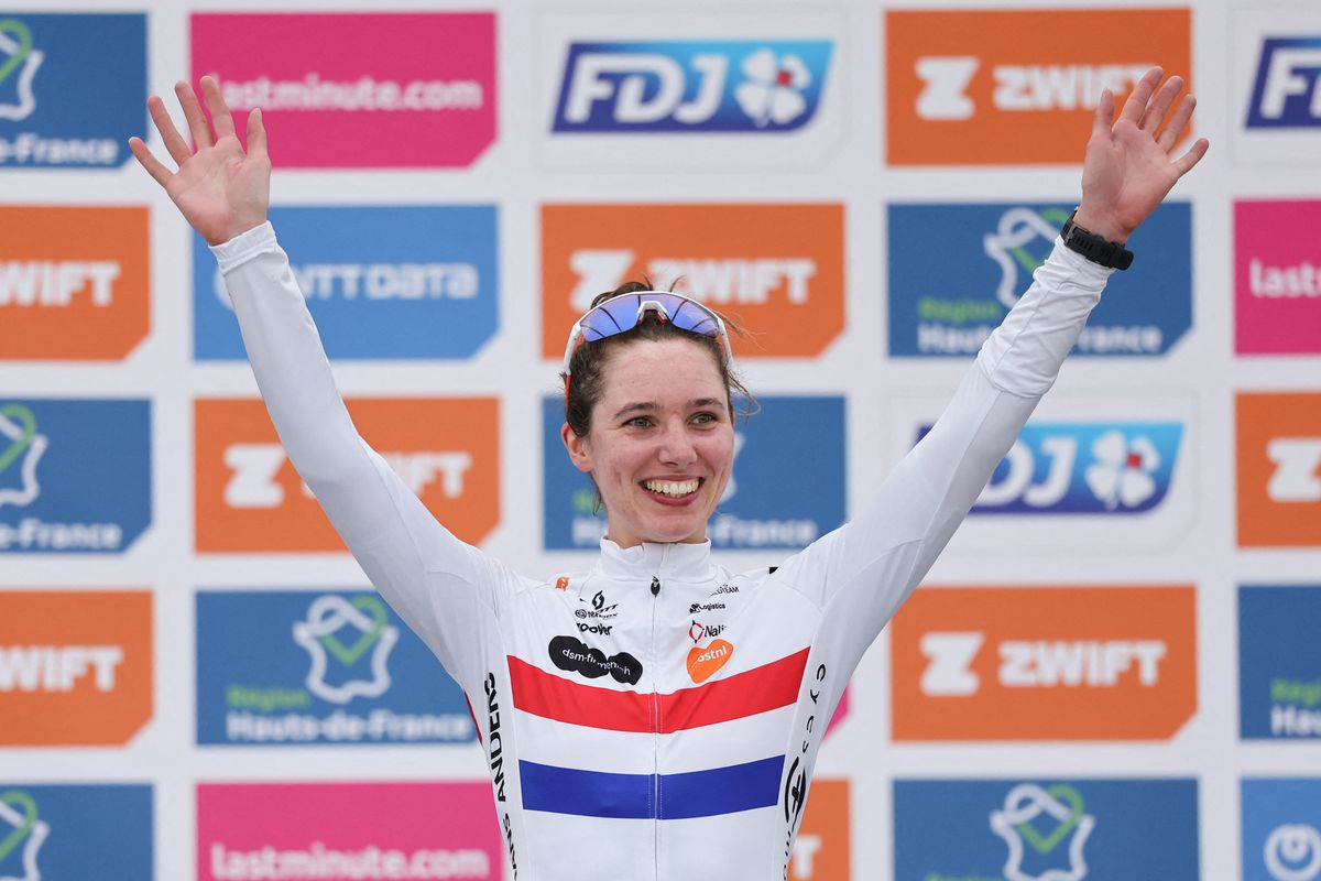 Team DSM-Firmenich PostNL&#039;s British rider Pfeiffer Georgi celebrates on the podium after placing third in the fourth edition of the women&#039;s Paris-Roubaix one-day classic cycling race, 148,5km between Denain and Roubaix, on April 6, 2024. (Photo by Francois LO PRESTI / AFP) / â€œThe erroneous mention[s] appearing in the metadata of this photo by Francois LO PRESTI has been modified in AFP systems in the following manner: [placing third] instead of [placing second]. Please immediately remove the erroneous mention[s] from all your online services and delete it (them) from your servers. If you have been authorized by AFP to distribute it (them) to third parties, please ensure that the same actions are carried out by them. Failure to promptly comply with these instructions will entail liability on your part for any continued or post notification usage. Therefore we thank you very much for all your attention and prompt action. We are sorry for the inconvenience this notification may cause and remain at your disposal for any further information you may require.â€