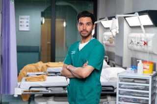 Neet Mohan in posed character shot as doctor Rash Masum on the set of Casualty. 