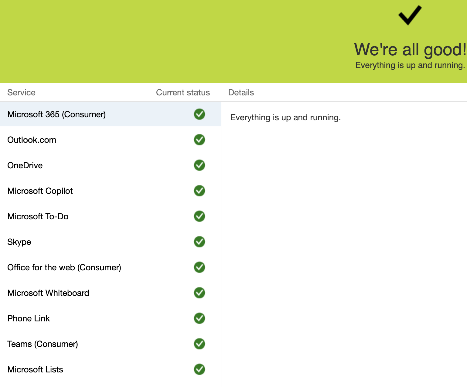 Microsoft 365 status page