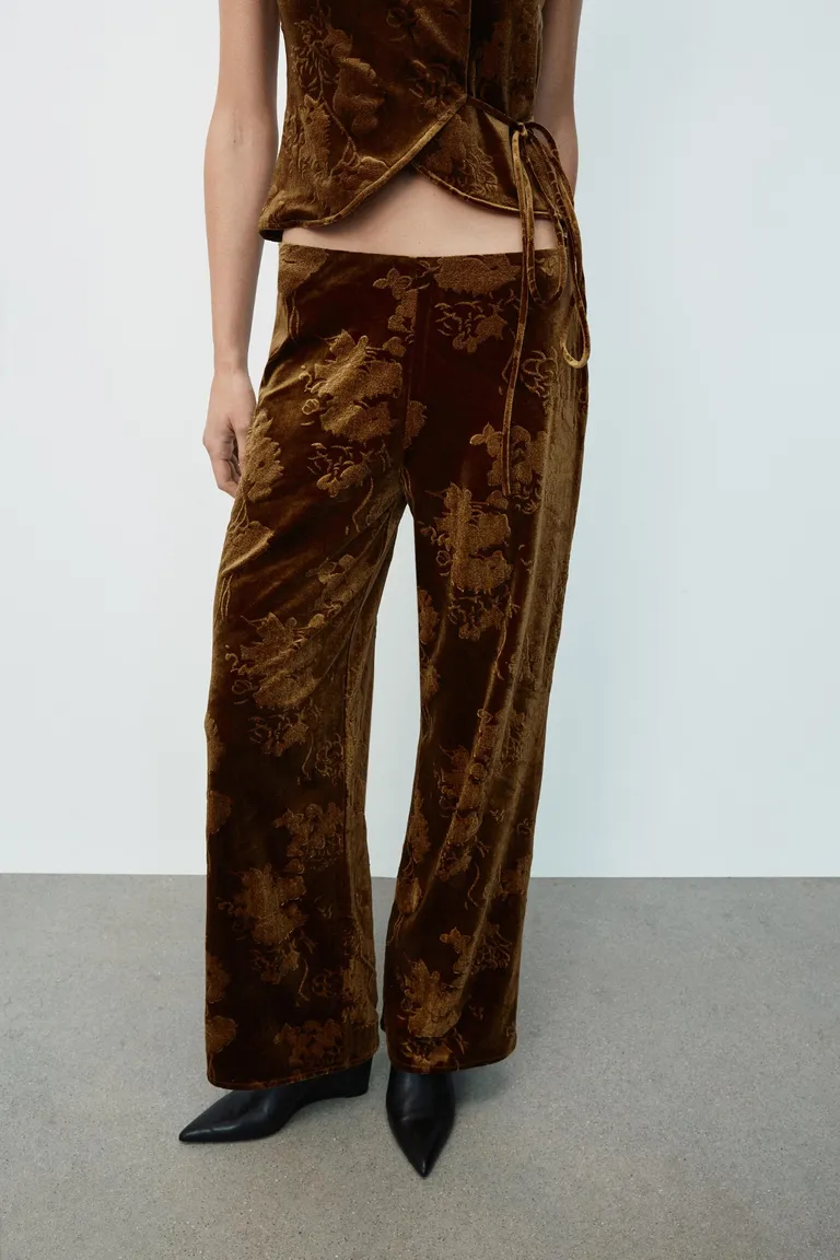ZARA, Velvet Print Pants - Brown / Green - S
