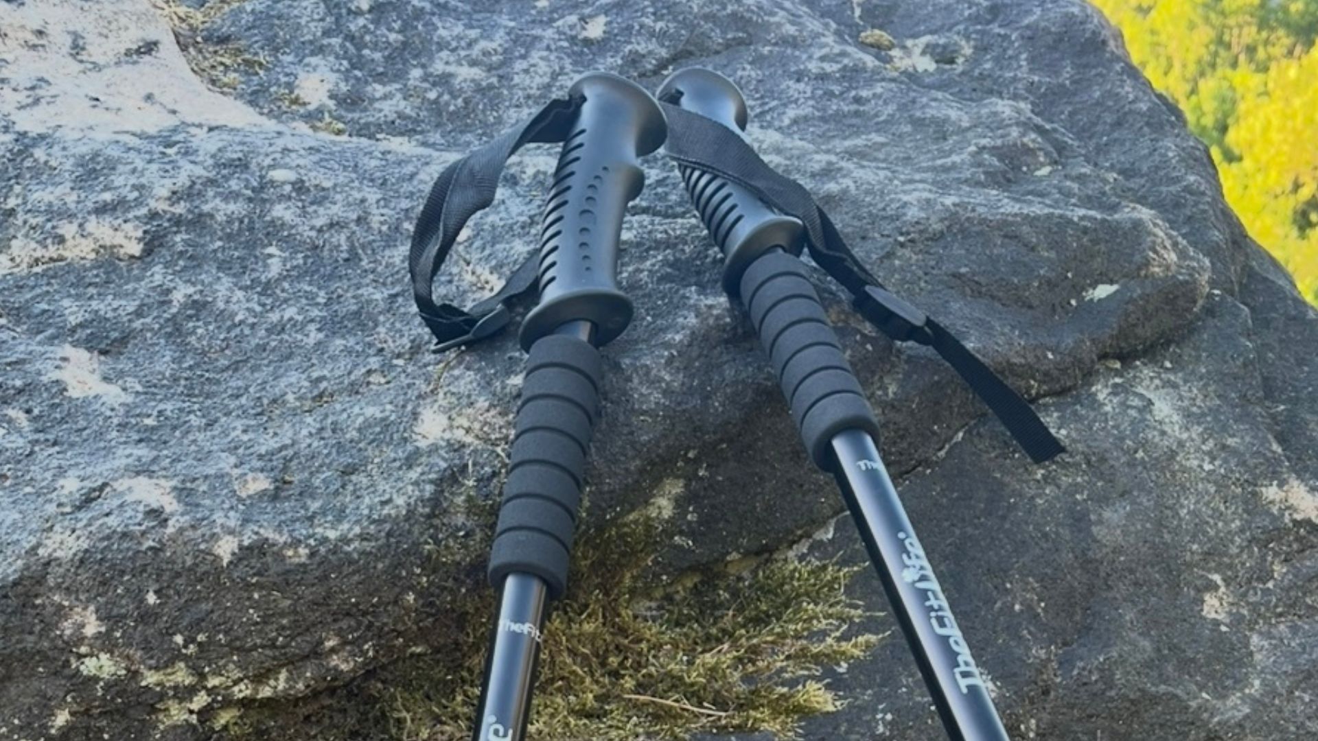 FitLife Hiking Walking Trekking Poles used by Susan Griffin on a walk, with hand holding handle and poles resting against rocks and product shot