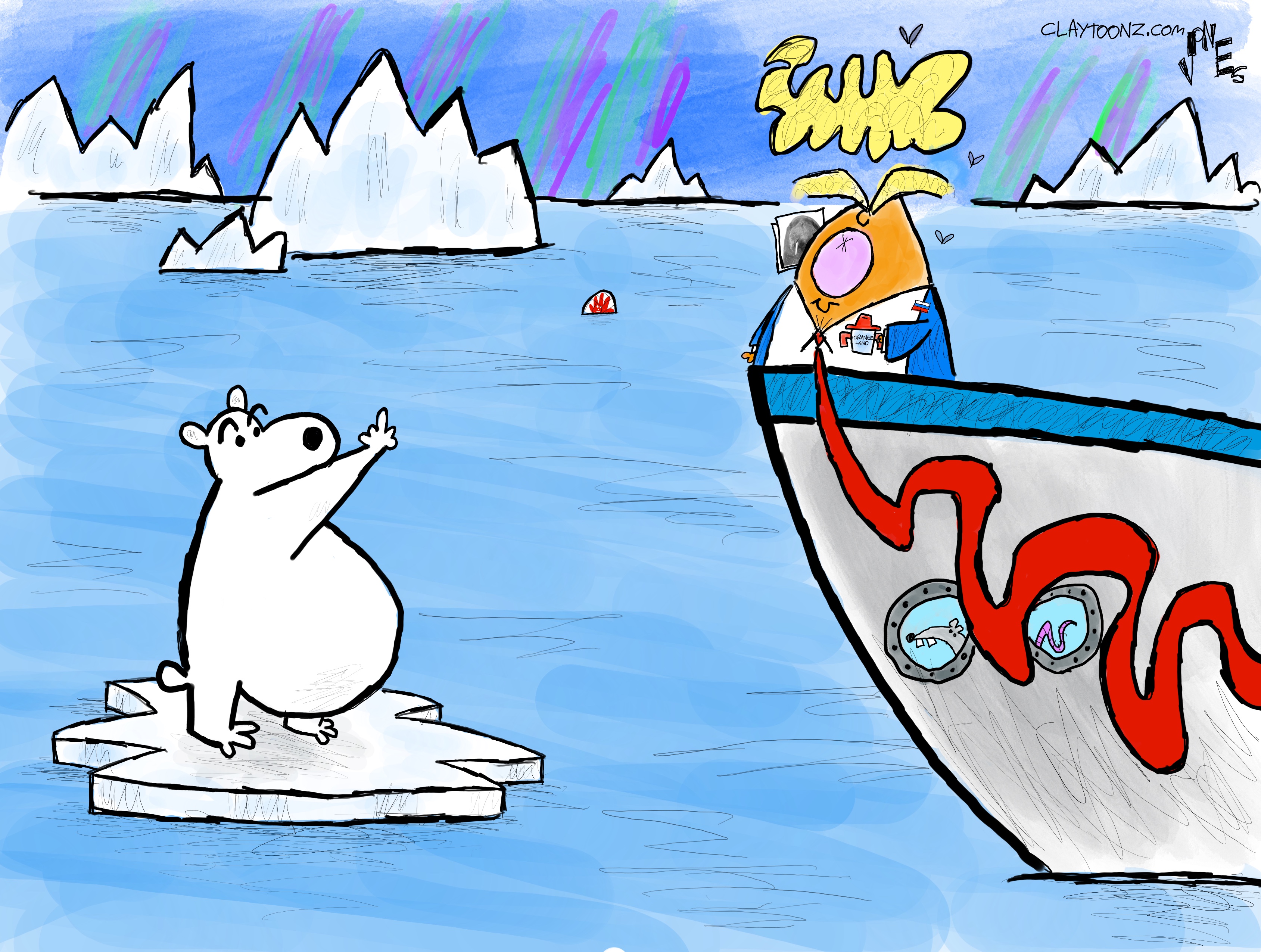 Donald Trump stands on the front of a boat that is floating in the frigid waters near Greenland. A polar bear stands on a piece of ice giving Trump the middle finger.