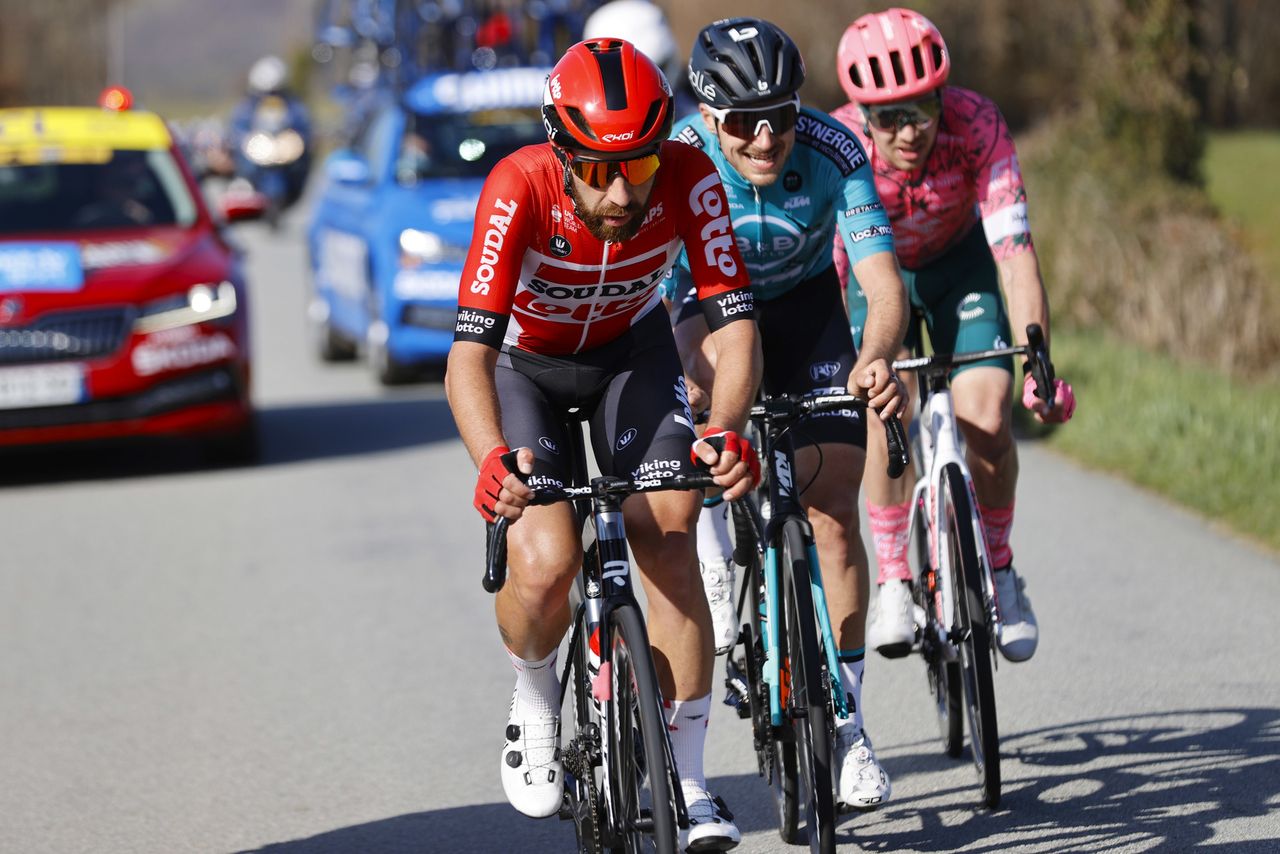Paris Nice 2022 - 80th Edition - 3rd stage Vierzon - Dun le Palestel 190,8 km - 08/03/2022 - Thomas De Gendt (BEL - Lotto Soudal) - Alexis Gougeard (FRA - B&amp;B Hotels - KTM) - Owain Doull (GBR - EF Education - EasyPost) - photo Luis Angel Gomez/SprintCyclingAgency&Acirc;&copy;2022