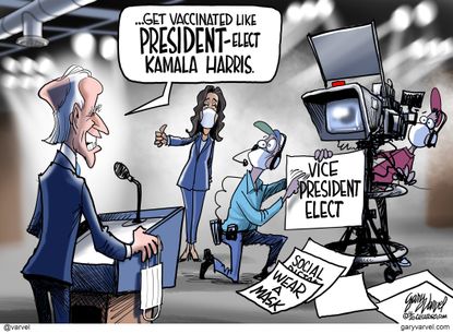 Political Cartoon U.S. Biden Harris presidency COVID vaccine