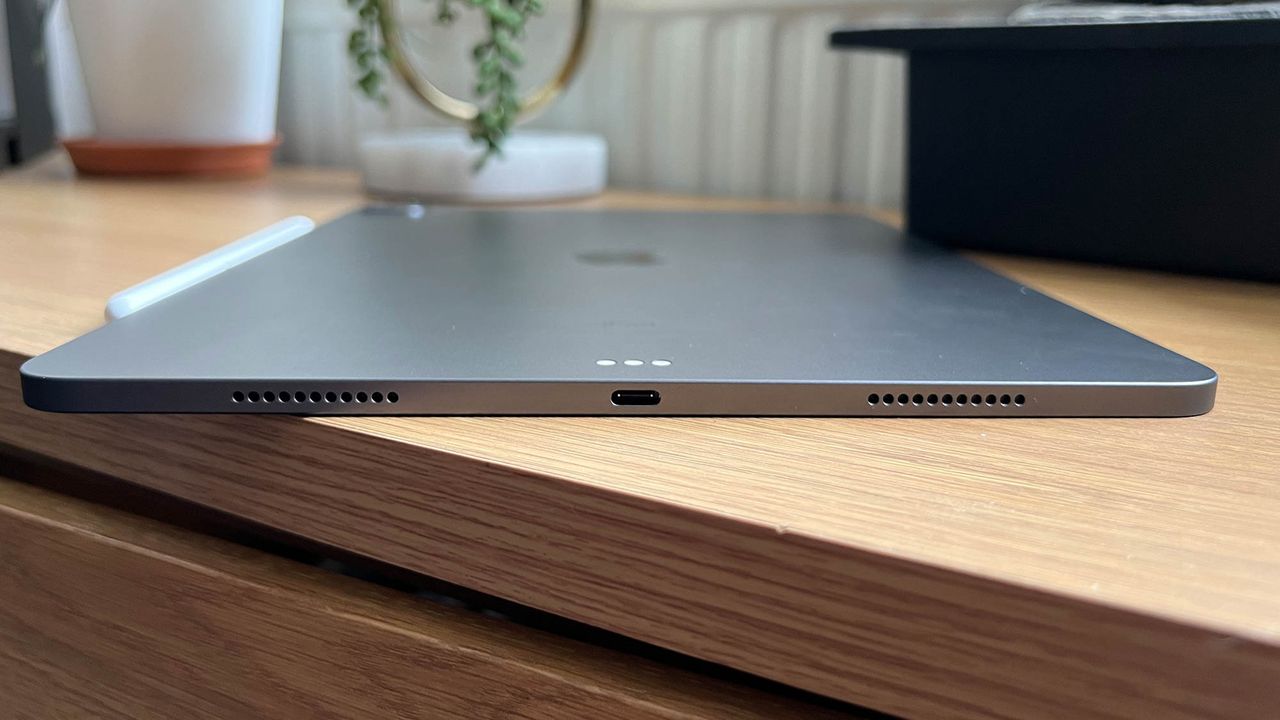 A closeup of the 12.9in Apple iPad Pro's USB-C port