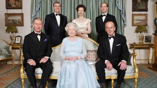 Queen Elizabeth II, Prince Philip at Clarence House in London with Prince Charles, Prince Andrew, Princess Anne and Prince Edward