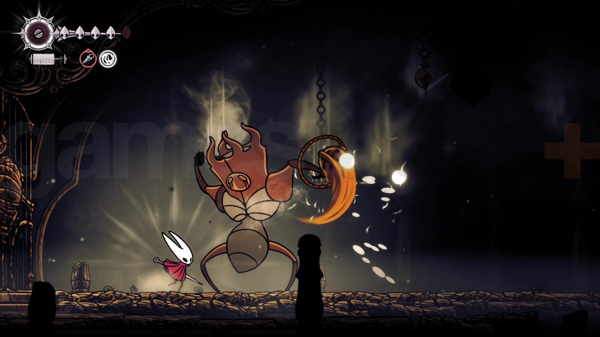 Hornet runs at the Last Judge in Silksong