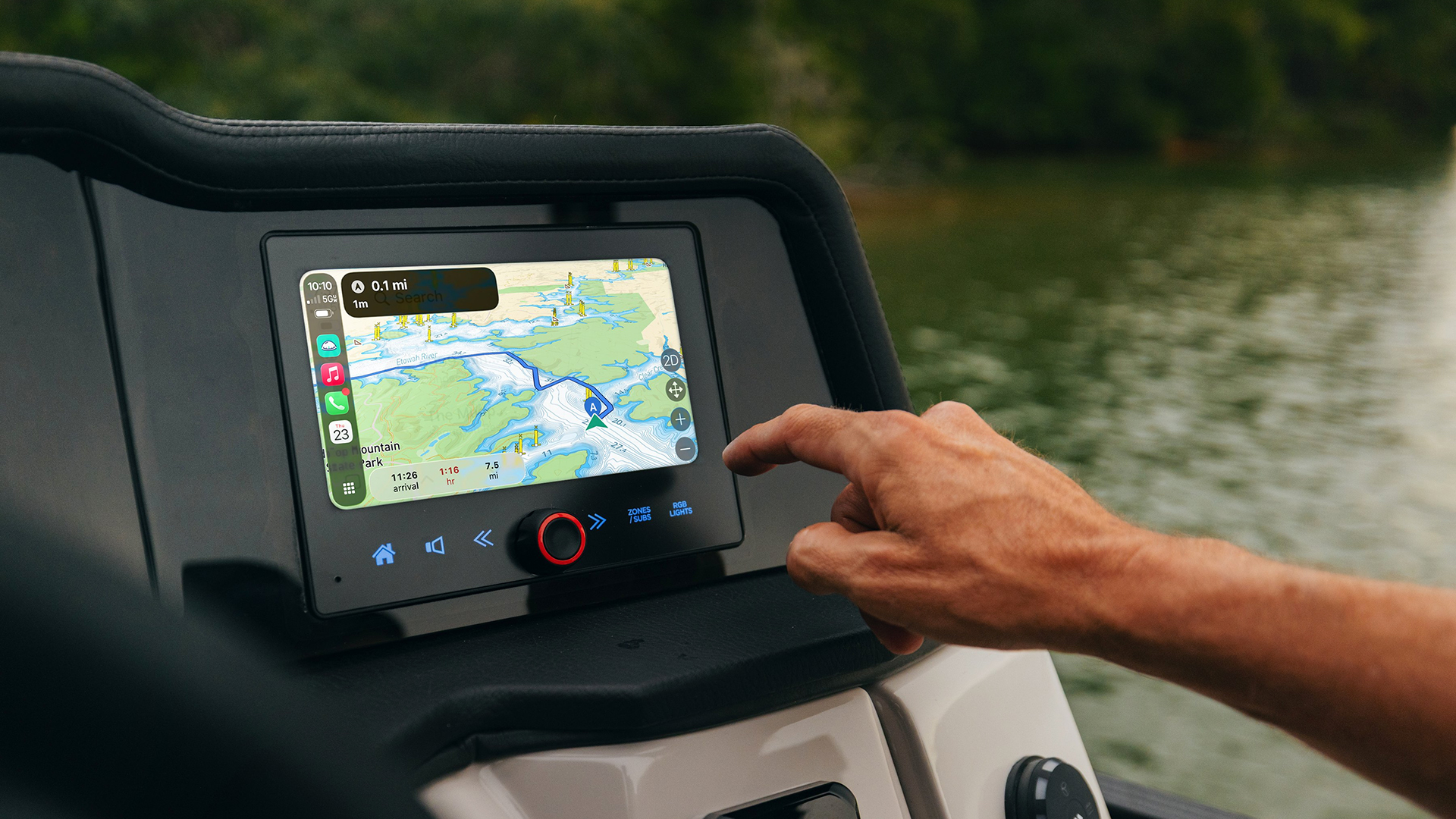 Savvy Navvy navigation displayed through Apple CarPlay at the helm of a Crest pontoon