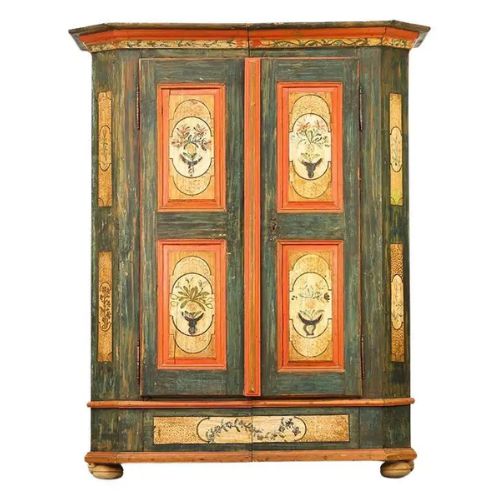 Antique Painted Folk Art Farmhouse Bridal Cabinet