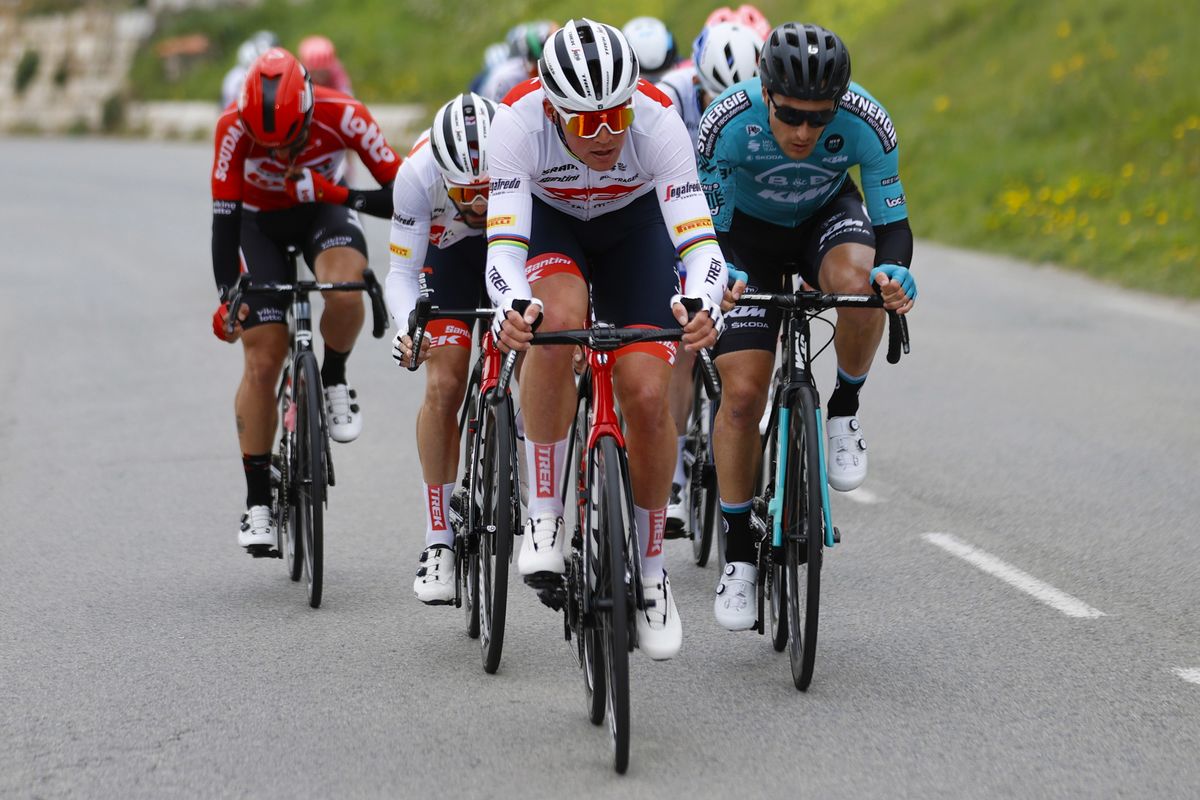 Paris Nice 2022 - 80th Edition - 7th stage Nice - Col de Turini 155,2 km - 12/03/2022 - Mads Pedersen (DEN - Trek - Segafredo) - Alexis Gougeard (FRA - B&amp;B Hotels - KTM) - photo Luis Angel Gomez/SprintCyclingAgency&Acirc;&copy;2022