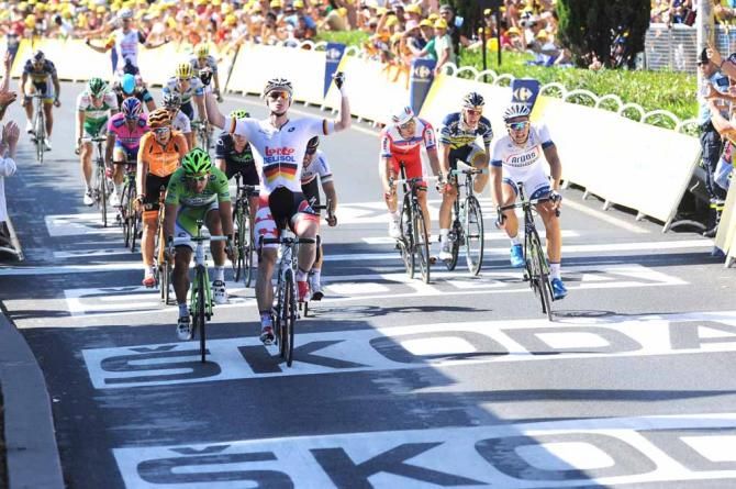Andre Greipel (Lotto Belisol) wins stage 6 of the 2013 Tour de France in Montpellier.