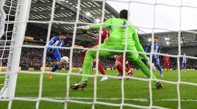 Brighton&#039;s Kaoru Mitoma scores a late winner for the Seagulls against Liverpool in the FA Cup in January 2023.