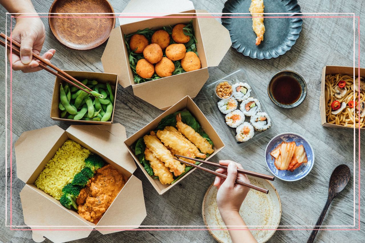 A birdseye view of assorted takeaway food in boxes