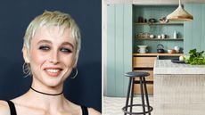 Emma Chamberlain / pale green kitchen with bar stool
