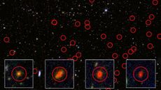 A series of red bubble looking spheres over a dark, starry background with four white cutout squares in the front enlarging four of the bubbles to show glowing balls of red light in each of the bubbles. 