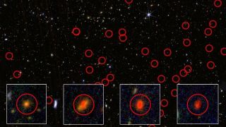 A series of red bubble looking spheres over a dark, starry background with four white cutout squares in the front enlarging four of the bubbles to show glowing balls of red light in each of the bubbles.