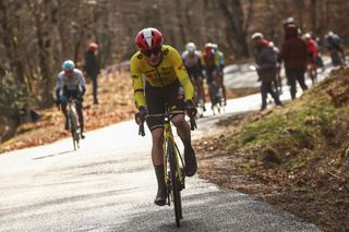 Team Visma-Lease a Bike's Danish rider Jonas Vingegaard cycles in the final kilometers of the 4th stage of the Paris-Nice cycling race, 163,4 km between Vichy and La Loge des Gardes, on March 12, 2025. (Photo by Anne-Christine POUJOULAT / AFP)