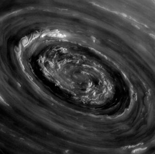 swirling vortex storm at Saturn's north pole