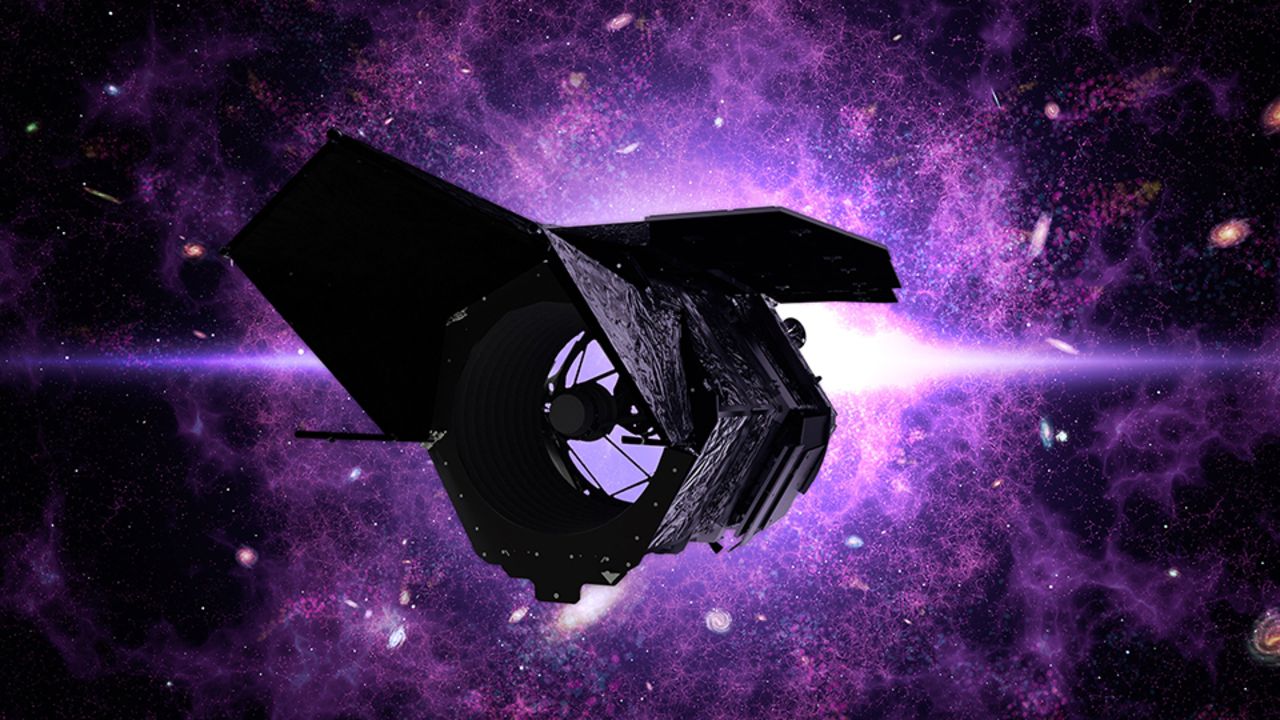 An illustration of the Nancy Grace Roman Space Telescope in deep space.
