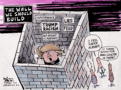 Political cartoon U.S. 2016 election Donald Trump needs own walls