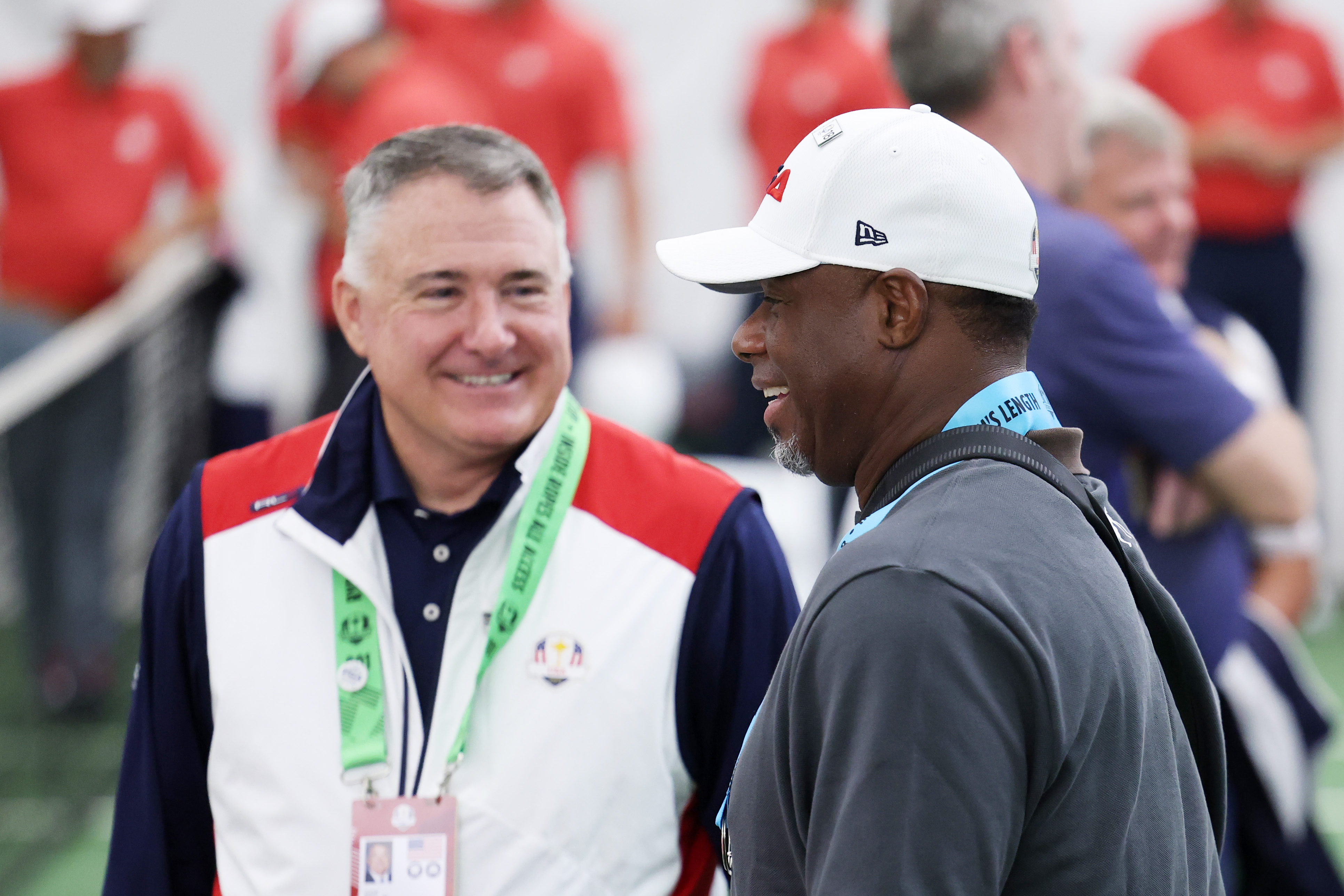 Former MLB player Ken Griffey Jr. talks with President of PGA of America Don Rea prior to the Ryder Cup 2025 at Black Course at Bethpage State Park Golf Course
