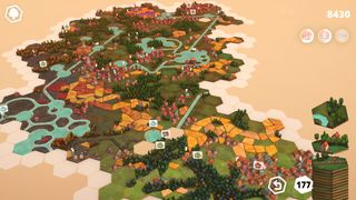 A board of hexagonal tiles, filled with forests, houses, train tracks and rivers