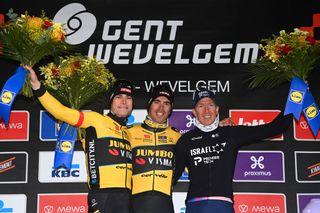 WEVELGEM BELGIUM MARCH 26 LR Wout Van Aert of Belgium and Team JumboVisma on second place race winner Christophe Laporte of France and Team JumboVisma and Sep Vanmarcke of Belgium and Team Israel Premier Tech on third place pose on the podium ceremony after the 85th GentWevelgem in Flanders Fields 2023 Mens Elite a 2609km one day race from Ypres to Wevelgem UCIWT on March 26 2023 in Wevelgem Belgium Photo by Tim de WaeleGetty Images