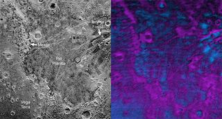 Compositional data from the New Horizons spacecraft's Ralph/Linear Etalon Imaging Spectral Array (LEISA) instrument, shown in the right inset, indicate that the plateau uplands south of Piri Rupes are rich in methane ice (shown in false color as purple). Scientists speculate that sublimation of methane may be causing the plateau material to erode along the face of the cliffs, causing them to retreat south and leave the plains of Piri Planitia in their wake.